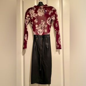 Floral Backless Mesh Top & Faux Leather Dress - Sexy & Tight Pencil Skirt Style